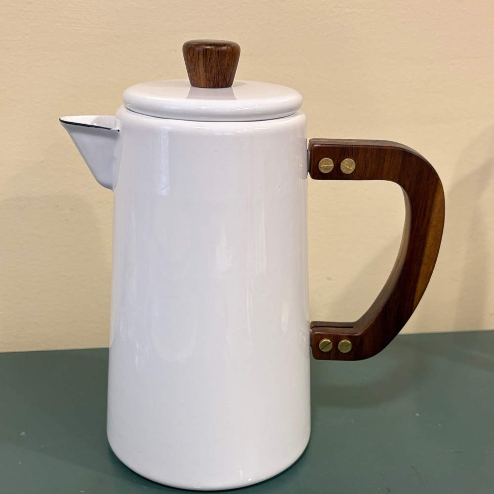 Hearth & Hand Magnolia White Enamel 6-cup Coffee Pot with Wood Accents